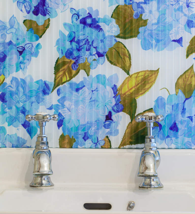 Blue Hydrangeas with Flutes bathroom splashback