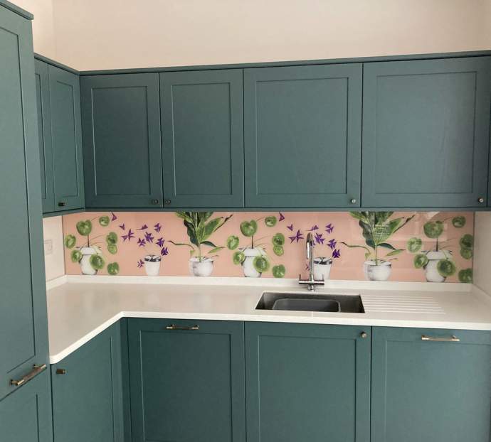 House plant glass splashback in teal kitchen