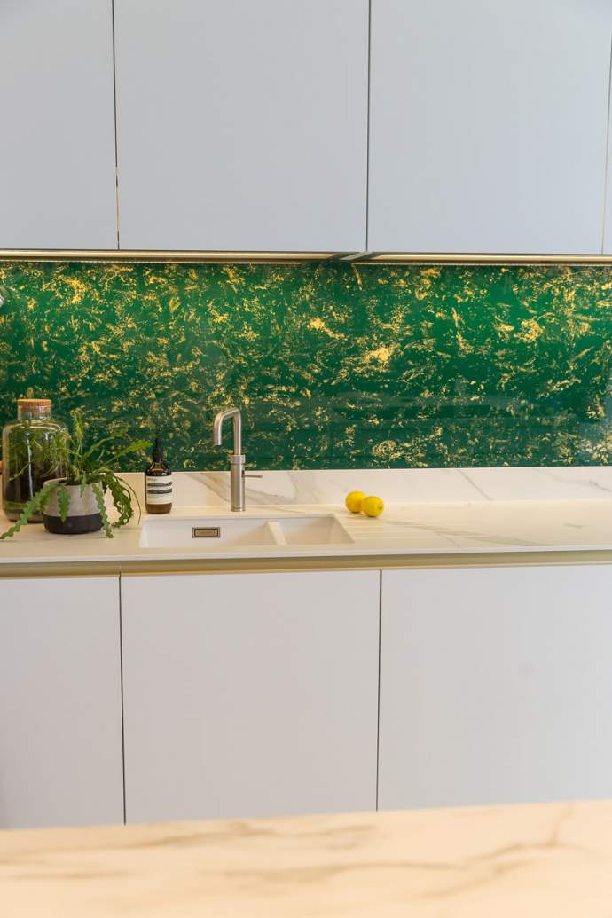 green and gold kitchen