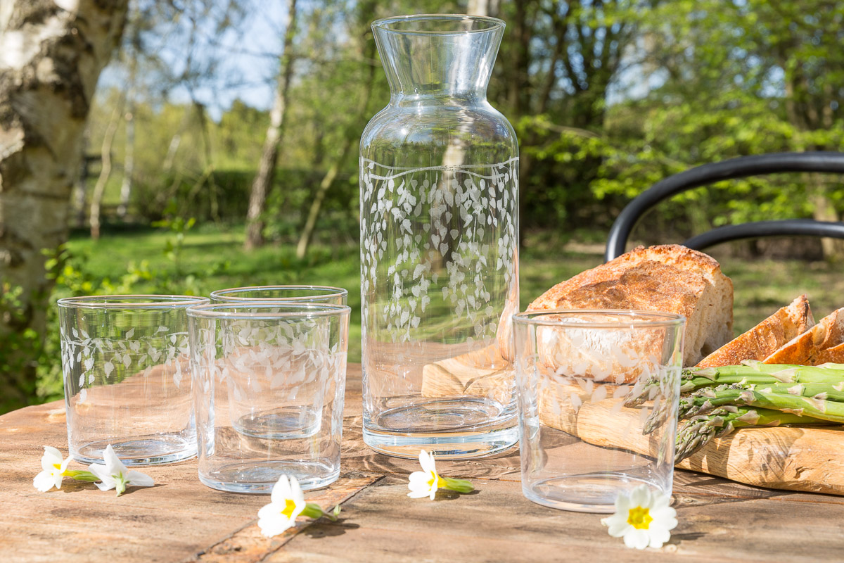 Emma-Britton-Silver BircH Glassware Set - Carafe & 4 Tumblers - Wedding Gift Ideas