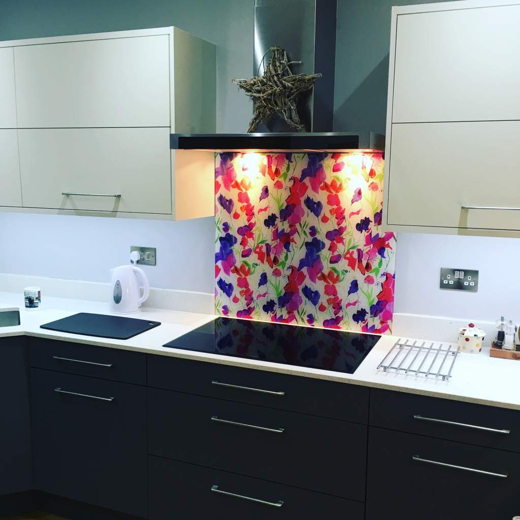 Emma Britton Decorative Glass Designer Splashback Sweetpea - how to refresh your kitchen