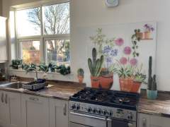 Bespoke Glass Splashback - Emma Britton Decorative Glass Designer - Garden Flowers and Kitchen Cacti