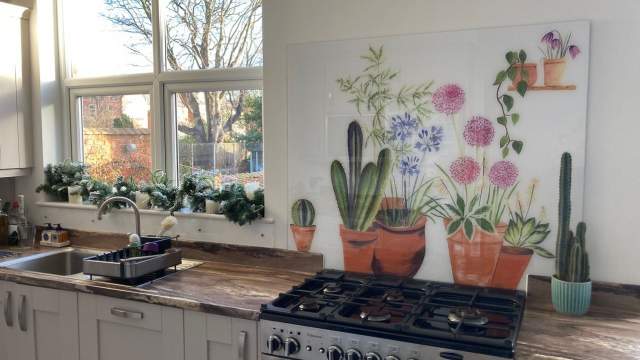 Bespoke Glass Splashback - Emma Britton Decorative Glass Designer - Garden Flowers and Kitchen Cacti