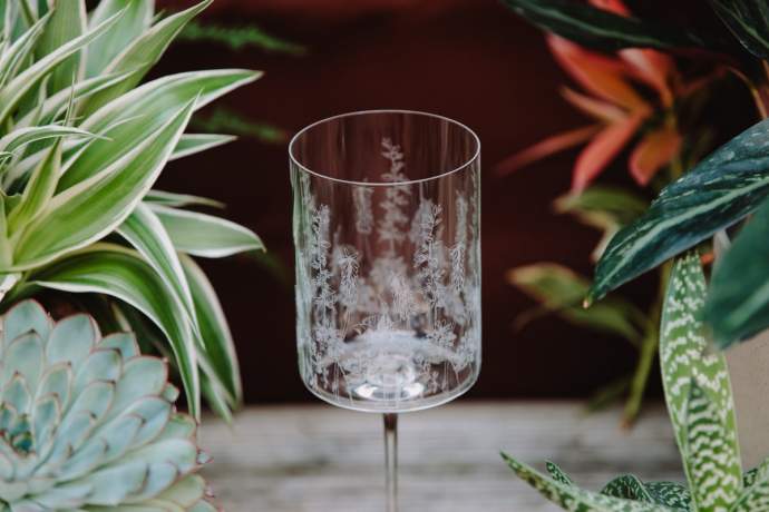 Etched exotic floral red wine crystal glass