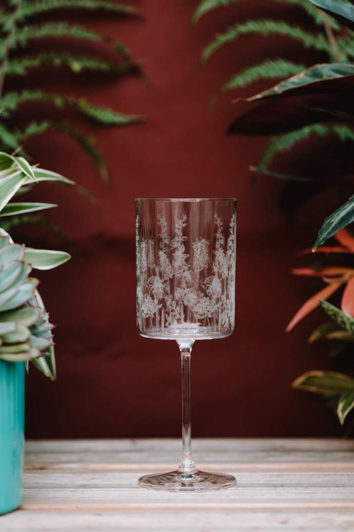 modern crystal white wine glass exotic floral pattern by Emma Britton Decorative Glass Designer