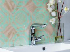 Mint coloured splashback for bathroom vanity unit