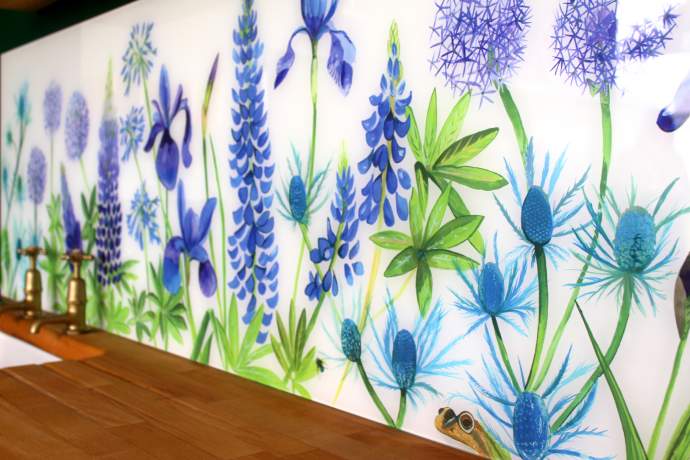 Country Garden Patterned Splashback with Iris, Lupins, Alliums & Frog