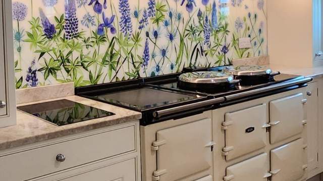 Emma-Britton-Decorative-Glass-Designer-Blue-Purple-Floral-Splashback-Cream-AGA