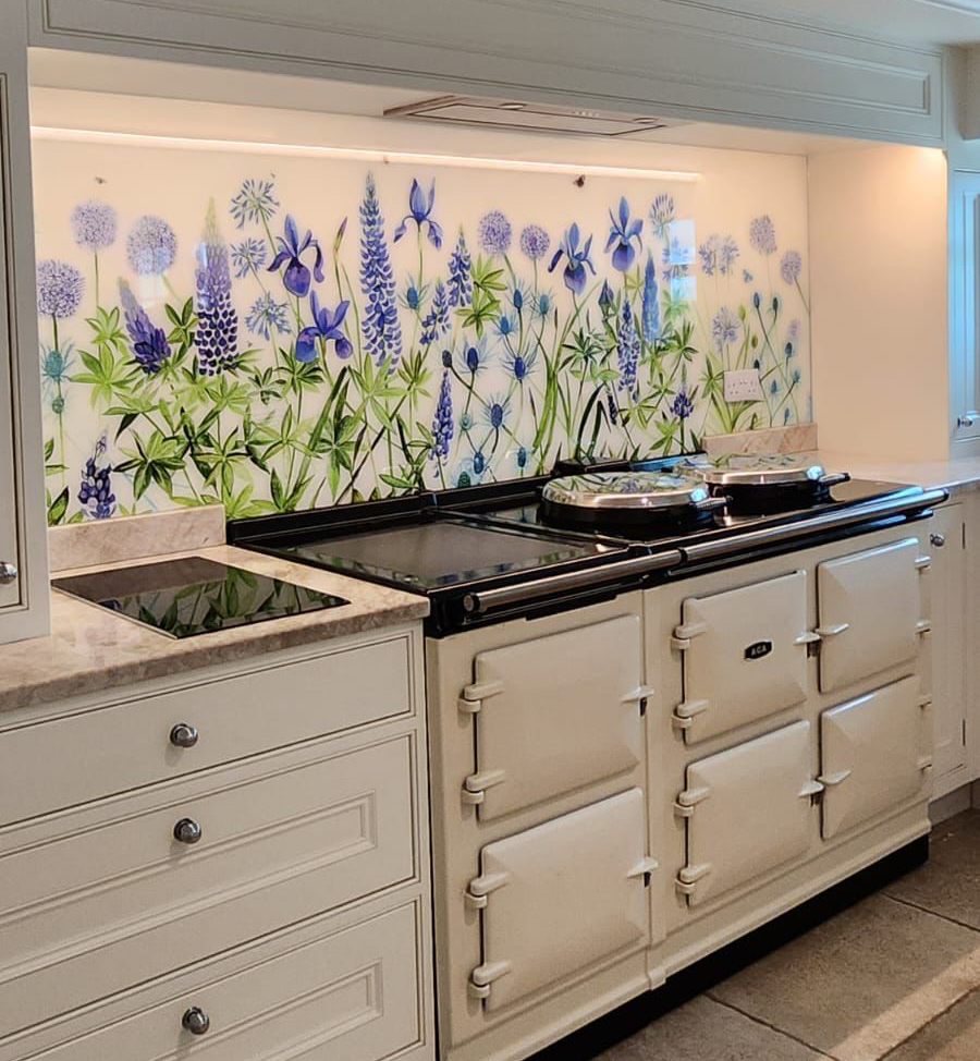 Emma-Britton-Decorative-Glass-Designer-Blue-Purple-Floral-Splashback-Cream-AGA