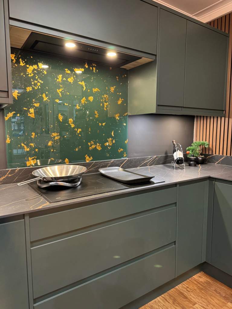 dark and moody splashback by Emma Britton Decorative Glass Designer, glass splashback design