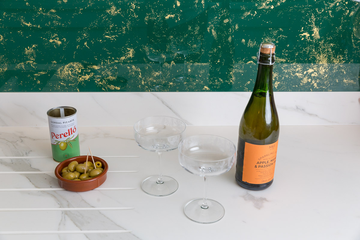 Emma-Britton-Decadent-Green-Metallic-Glass-Splashback-with-Home-Bar-Glassware