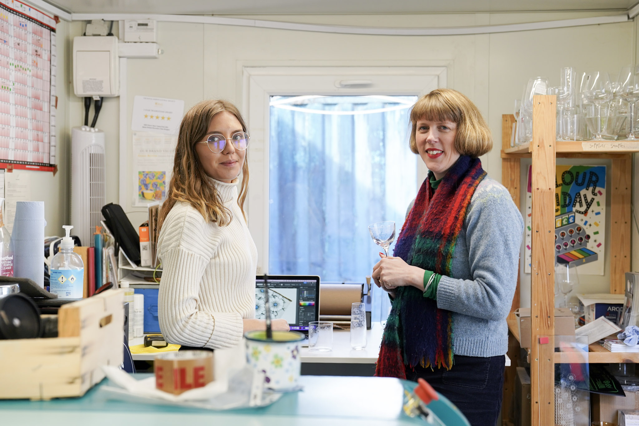 Emma Britton Glassware Studio Behind the Scenes, Emma and Olivia celebrating Houzz Award Winner title for 2026