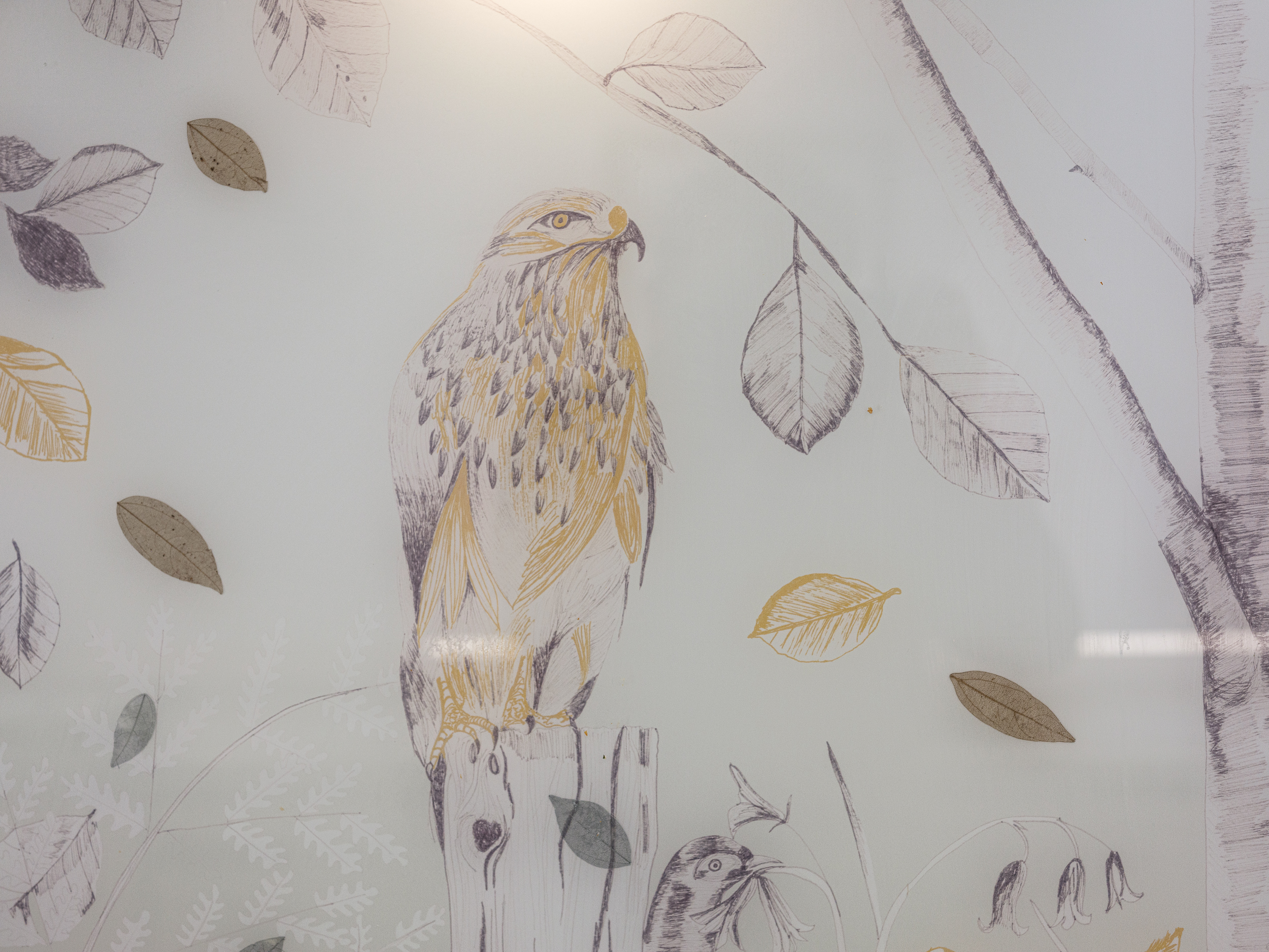 Emma Britton Bespoke Woodland Splashback - design detail, bird of prey.