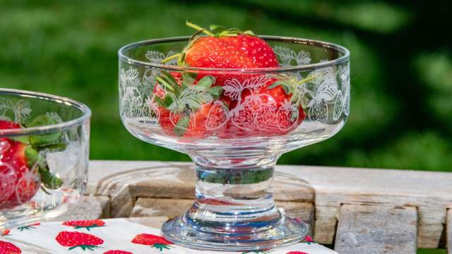 Strawberrry Glassware Decorative Bowls by Emma Britton filled with strawberries
