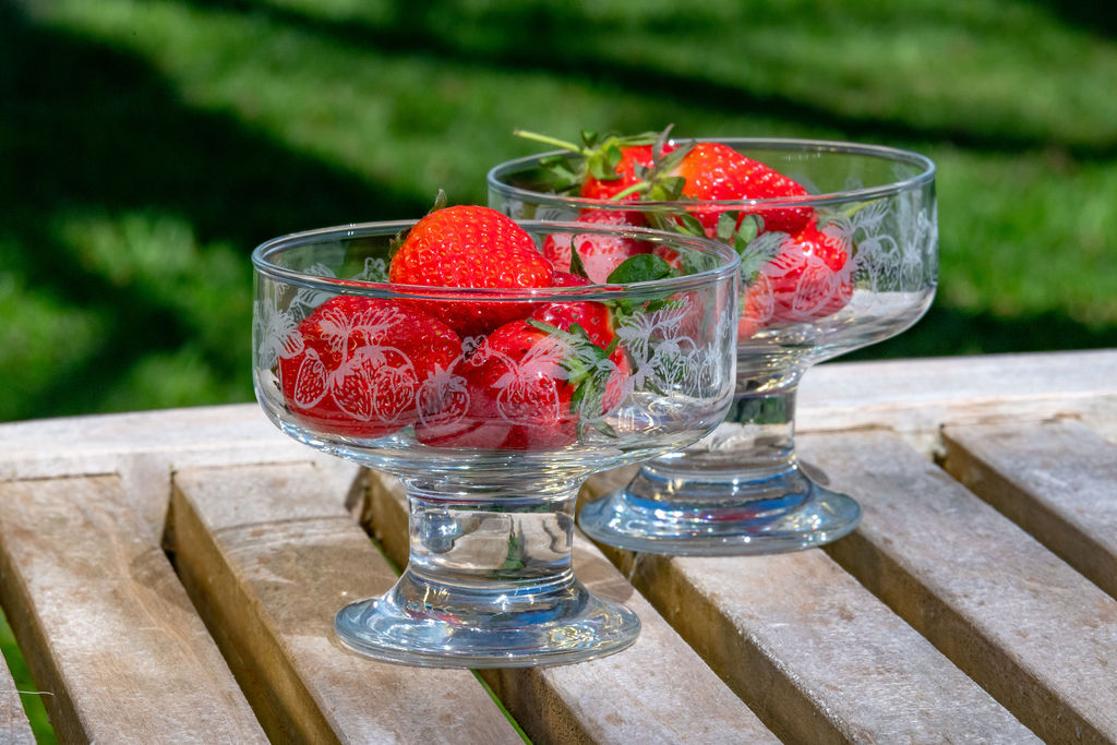 Emma Britton - Strawberry Glass Bowls Emma Britton decorative strawberry bowls in a pair filled with strawberries